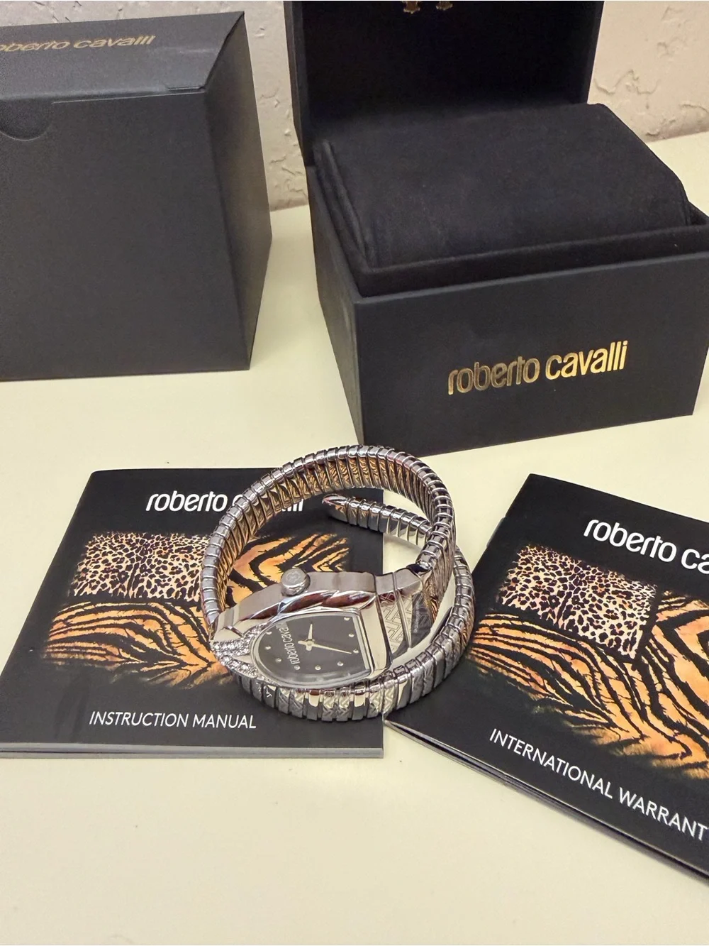 Roberto Cavalli Snake Wrap Watch Blue Dial Silver Crystal Box